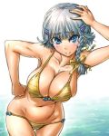  1girl amania_orz bare_shoulders bikini blue_eyes blush braid breasts cleavage hair_ornament hair_ribbon hairclip hand_on_head hand_on_hip large_breasts looking_at_viewer navel ribbon seolla_schweizer short_hair side_braid silver_hair smile solo super_robot_wars swimsuit water 