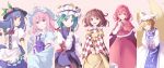  6+girls :d arm_garter bell blush bow bowtie buttons cape capelet checkered column_lineup commentary_request dress food frilled_shirt_collar frills fruit hair_bell hair_ornament hands_in_sleeves hat hinanawi_tenshi index_finger_raised juliet_sleeves leaf long_sleeves looking_at_viewer midorino_eni mob_cap motoori_kosuzu multiple_girls okazaki_yumemi open_mouth peach pillow_hat puffy_sleeves red_bow red_bowtie saigyouji_yuyuko sash shiki_eiki smile tabard touhou touhou_(pc-98) triangular_headpiece upper_body wide_sleeves yakumo_ran 