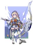  1girl arrow blonde_hair blue_eyes bow_(weapon) braid breasts clouds hat highres large_breasts looking_at_viewer monster_hunter pointy_ears quill skirt sky sweatdrop thigh-highs weapon yoshida_hideyuki zettai_ryouiki 