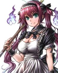  1girl airi_(queen&#039;s_blade) amania_orz bow breasts cleavage green_eyes hair_ribbon large_breasts long_hair maid maid_headdress puffy_short_sleeves puffy_sleeves queen&#039;s_blade redhead ribbon scythe short_sleeves simple_background solo twintails upper_body white_background 