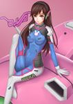  1girl absurdres armor bangs bodysuit boots breasts brown_eyes brown_hair bubble_blowing bubblegum bunny_print character_name covered_navel covered_nipples d.va_(overwatch) facial_mark gloves gum headphones high_collar highres long_hair mecha overwatch pilot_suit pink_background rabbit simple_background skin_tight solo thigh-highs thigh_boots whisker_markings white_boots white_gloves xixing_si_yao_meng 
