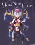  1girl alternate_costume alternate_hairstyle bare_shoulders blood_moon_elise blue_eyes blue_hair breasts chair character_name cleavage crossed_legs dress elise_(league_of_legends) english eyelashes eyeshadow fingernails hair_ornament hanato_(seonoaiko) holding holding_pipe insect_girl kiseru kneehighs large_breasts lips lipstick long_fingernails looking_at_viewer makeup monster_girl parted_lips pipe rope sharp_fingernails short_hair silk solo spider_girl spider_web throne twitter_username 