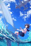  1girl :o air_bubble aircraft airplane back black_hair blouse blue_skirt blue_sky boat clouds dutch_angle fubuki_(kantai_collection) highres holding kantai_collection karo-chan leaning_back low_ponytail motion_blur ocean open_mouth outdoors pleated_skirt riding sailboat sailing school_uniform serafuku short_sleeves signature skirt sky solo water watercraft waves white_blouse yellow_eyes 