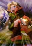  1boy aoki_(fumomo) blonde_hair blue_eyes boots fighting_stance hat link male motion_blur open_mouth pointy_ears shield solo sword the_legend_of_zelda the_legend_of_zelda:_ocarina_of_time tunic weapon young_link 
