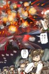  6+girls aircraft airplane akagi_(kantai_collection) arm_up bikini_top black_hair brown_hair collar comic covered_eyes detached_sleeves elbow_gloves evil_grin evil_smile explosion flight_deck fubuki_(kantai_collection) gloves grin hair_tie hairband hakama haruna_(kantai_collection) headgear hiei_(kantai_collection) hisahiko holding holding_weapon japanese_clothes kagamine_rin kantai_collection kongou_(kantai_collection) long_hair long_sleeves low_ponytail multiple_girls muneate nontraditional_miko ocean orange_eyes outstretched_arm pleated_skirt rigging shinkaisei-kan side_ponytail skirt smile smoke southern_ocean_war_oni sweat thigh-highs translation_request turret twintails weapon wide_sleeves yumi_(bow) 