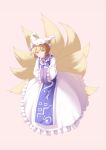  1girl blonde_hair commentary_request dress fox_tail full_body hands_in_sleeves hat kyuubi long_sleeves looking_at_viewer midorino_eni mob_cap multiple_tails pillow_hat short_hair smile solo tabard tail tassel touhou white_dress wide_sleeves yakumo_ran yellow_eyes 