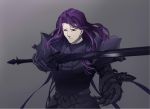  1boy armor berserker_(fate/zero) fate/zero fate_(series) gauntlets grey_background holding holding_sword holding_weapon long_hair purple_hair simple_background spaulders sword violet_eyes weapon ycco_(estrella) 