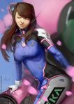  1girl 2016 ;) bangs blurry bodysuit breasts brown_eyes brown_hair cowboy_shot d.va_(overwatch) dated depth_of_field eyelashes facial_mark gloves headphones karl_liversidge light_smile lips long_hair looking_to_the_side mecha nose one_eye_closed overwatch parted_lips petals pilot_suit signature skin_tight smile solo swept_bangs watermark web_address whisker_markings white_gloves 