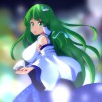  1girl :o asymmetrical_hair bare_shoulders blue_skirt blush breasts cato_(monocatienus) cowboy_shot detached_sleeves frog_hair_ornament from_side glowing green_eyes green_hair hair_ornament hair_tubes holding kochiya_sanae large_breasts long_hair long_skirt long_sleeves looking_at_viewer looking_to_the_side open_mouth skirt snake_hair_ornament solo stick touhou very_long_hair vest white_vest wide_sleeves 