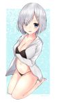  1girl barefoot bikini blue_eyes breasts cleavage error hair_ornament hair_over_one_eye hairclip hamakaze_(kantai_collection) highres kantai_collection kneeling looking_at_viewer neku_(neku_draw) short_hair silver_hair solo swimsuit swimsuit_under_clothes wrong_feet 