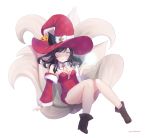  1girl ahri alternate_costume animal_ears annoyed bare_shoulders black_hair bow breasts cleavage detached_sleeves facial_mark fox_tail frown hanato_(seonoaiko) hat hat_bow knees_together_feet_apart korean_clothes large_breasts league_of_legends long_hair looking_at_viewer multiple_tails no_panties pumpkin simple_background solo star star_print tail thighs twitter_username whisker_markings white_background witch_hat yellow_eyes 