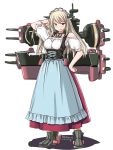  1girl alternate_costume bismarck_(kantai_collection) blonde_hair blue_eyes cannon dirndl dress full_body german_clothes headdress kantai_collection long_hair machinery solo tatsumi_rei turret underbust waitress 