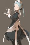  1girl absurdres akuria apron back blue_hair bow cup fire_emblem fire_emblem_if flora_(fire_emblem_if) grey_background grey_eyes highres long_hair maid maid_apron maid_headdress open_mouth pantyhose simple_background solo teacup teapot thigh-highs twintails 