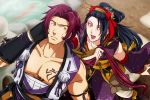  2boys black_hair bow comb detached_sleeves flower gourd hair_bow hair_flower hair_ornament hair_stick japanese_clothes jirou_tachi male_focus multiple_boys open_mouth pom_pom_(clothes) ponytail redhead sarashi shima_deadstock smile tonbokiri_(touken_ranbu) touken_ranbu yellow_eyes 