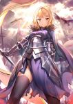  1girl absurdres armor blonde_hair breasts dr_poapo fate/apocrypha fate/grand_order fate_(series) gauntlets highres long_hair looking_at_viewer ruler_(fate/apocrypha) solo thigh-highs yellow_eyes 