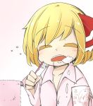  1girl blonde_hair brushing_teeth character_name closed_eyes colored_eyelashes cup d: hair_ribbon jagabutter open_mouth pajamas ribbon rumia sleepy soap_bubbles solo toothbrush toothpaste touhou towel 