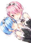  2girls bare_shoulders blue_eyes blue_hair blush detached_arm detached_collar dutch_angle hair_over_one_eye hair_ribbon heart highres holding_hands interlocked_fingers looking_at_viewer maid maid_headdress multiple_girls open_mouth pink_eyes pink_hair ram_(re:zero) re:zero_kara_hajimeru_isekai_seikatsu rem_(re:zero) ribbon sakuragi_ren shiny shiny_hair short_hair siblings simple_background sisters teeth twins upper_body white_background x_hair_ornament 