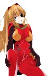  1girl :d bangs bodysuit bracer breasts breasts_apart commentary_request evangelion:_3.0_you_can_(not)_redo eyepatch gloves grey_eyes hair_over_one_eye hand_on_leg hand_on_own_thigh head_tilt headgear highres knee_up large_breasts legs_together light_brown_hair long_hair looking_at_viewer neon_genesis_evangelion open_mouth pilot_suit plugsuit rebuild_of_evangelion shikinami_asuka_langley sitting sketch sktiims smile souryuu_asuka_langley tape turtleneck very_long_hair white_background 