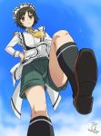  &gt;:( 1boy apron black_hair brown_eyes from_below hands_on_hips kneehighs komiya_chihiro leg_lift maid_headdress necktie short_hair shorts shota shounen_maid sky solo torajimaneko wind wind_lift 