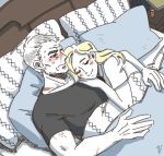  1boy 1girl awake black_shirt blonde_hair blush casual contemporary cuddling hetero lillu lowres medicine_bottle mercy_(overwatch) on_bed overwatch pillow scar shirt silver_hair sleeping sleeping_on_person smile soldier:_76_(overwatch) 