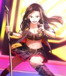  black_hair fang idolmaster idolmaster_cinderella_girls jacket long_hair looking_at_viewer microphone microphone_stand mukai_takumi open_clothes open_jacket open_mouth skirt smile 