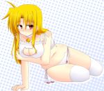  1girl bell bell_choker blonde_hair bra breasts cat_cutout cat_ear_panties cat_lingerie choker cleavage cleavage_cutout fate_testarossa jingle_bell lask lyrical_nanoha mahou_shoujo_lyrical_nanoha_strikers panties red_eyes side-tie_panties sitting thigh-highs twintails underwear white_bra white_panties yokozuwari 