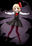  1girl abe_ranzu ascot blonde_hair dark darkness hair_ribbon outstretched_arms outstretched_hand pantyhose red_eyes red_legwear ribbon rumia shoes skirt skirt_set smile solo spread_arms touhou 