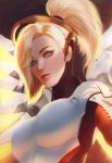  1girl blonde_hair blue_eyes breastplate breasts eyelashes high_collar high_ponytail highres large_breasts lips looking_at_viewer mechanical_halo mechanical_wings mercy_(overwatch) overwatch parted_lips raikoart solo upper_body wings 