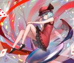  1girl alternate_costume bare_arms bare_shoulders bat_wings blue_hair card dress full_body hat hat_ribbon highres looking_at_viewer mob_cap no_socks pointy_ears red_eyes remilia_scarlet ribbon sishenfan sleeveless sleeveless_dress smile solo touhou wings 
