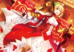  1girl :d ahoge blonde_hair blurry blush breasts cleavage column corset curtains depth_of_field dutch_angle epaulettes fate/extra fate/extra_ccc fate/grand_order fate_(series) fingerless_gloves fuyuki_(neigedhiver) gloves green_eyes hair_intakes head_wreath highres holding holding_sword holding_weapon lens_flare open_mouth outstretched_arm petals pillar railing red_gloves saber_extra skirt smile solo sword weapon 