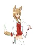  1girl absurdres animal_ears bracelet braid brown_hair cowboy_shot eyebrows eyebrows_visible_through_hair fox_ears fox_tail from_side green_eyes highres japanese_clothes jewelry long_hair miko original simple_background solo tadashi_(tadashi1013) tail thigh-highs twin_braids white_background white_legwear wide_sleeves 