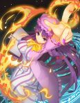  1girl absurdres blue_eyes book crescent dress fire fps from_above hair_ribbon hat highres long_hair long_sleeves looking_at_viewer magic_circle mob_cap nail_polish open_book patchouli_knowledge pointing pointing_up purple_hair ribbon smile solo striped striped_dress touhou tress_ribbon 