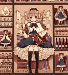  1girl :o alice_margatroid bangs blonde_hair blue_dress blue_eyes book_stack bookshelf boots bottle brown_boots capelet checkerboard_cookie cookie cross-laced_footwear cup doll dress drinking_glass floral_print food grimoire_of_alice hairband holding holding_sword holding_weapon jar knee_boots lace-up_boots lolita_hairband maipiku_muji_zhong open_mouth petticoat puzzle_piece red_string rose_print sheet_music shelf short_hair sitting solo string string_of_flags sword teapot teruterubouzu test_tube touhou wavy_hair weapon wine_glass wrist_cuffs 