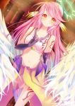  1girl angel_wings blush breasts bridal_gauntlets cross feathered_wings gloves gradient_eyes gradient_hair halo jibril_(no_game_no_life) long_hair looking_at_viewer low_wings magic_circle midriff mismatched_legwear multicolored_eyes multicolored_hair navel no_game_no_life orange_eyes pink_hair sideboob smile solo symbol-shaped_pupils tattoo thigh-highs vebonbon very_long_hair white_wings wing_ears wings yellow_eyes 
