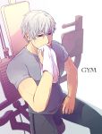  1boy black_sclera blurry exercise_machine from_above jojo_no_kimyou_na_bouken male_focus muscle red_eyes risotto_nero silver_hair sitting solo towel wanwan_(masaki1016) 