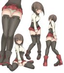  1girl bangs between_legs black_hair black_legwear blush boots brown_hair cassandra_(seishun_katsu_sando) closed_mouth commentary_request covering covering_crotch eyebrows eyebrows_visible_through_hair from_below hand_between_legs highres kantai_collection long_sleeves looking_at_viewer miniskirt multiple_views panties pantyshot pantyshot_(standing) pleated_skirt profile red_skirt simple_background sitting skirt small_breasts standing taihou_(kantai_collection) thigh-highs underwear wariza white_background white_panties 