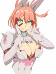  1girl absurdres blue_eyes breasts cleavage cleavage_cutout clover elphelt_valentine four-leaf_clover guilty_gear guilty_gear_xrd hairband hands_on_own_face hashimoto_(frog_flag) hat highres large_breasts licking_lips pink_hair short_hair solo spikes tongue tongue_out 