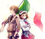  1boy 1girl ahoge axis_powers_hetalia bangs belt black_necktie blunt_bangs blush breasts brown_eyes brown_hair capelet carrying_over_shoulder closed_mouth collared_shirt cowboy_shot cravat crossed_arms crossover glasses hand_in_pocket harukoma hat headdress holding italian_flag jacket kantai_collection large_breasts long_sleeves looking_at_viewer military military_uniform miniskirt namesake necktie pants pince-nez pink_shirt pleated_skirt pocket pout red_skirt roma_(kantai_collection) shirt short_hair side-by-side skirt smile southern_italy_(hetalia) uniform white_background wind 