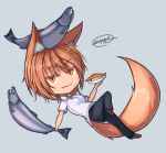  1girl animal_ears brown_hair chibi dreadtie fang fish fox_ears fox_tail highres original salmon-san_(dreadtie) short_hair solo tail 