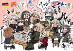  anchovy black_hair black_jacket blonde_hair brown_hair commentary_request cup darjeeling flags_of_all_nations food girls_und_panzer green_hair grey_jacket hat highres itsumi_erika jacket katyusha kay_(girls_und_panzer) long_hair map mika_(girls_und_panzer) multiple_girls nishi_kinuyo nishizumi_maho nishizumi_miho nonna pasta pepperoni_(girls_und_panzer) pizza pleated_skirt red_jacket short_hair skirt teacup tsunamayo twintails 