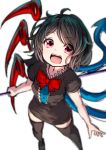  1girl :d asymmetrical_wings black_dress black_hair black_legwear blurry bow bowtie depth_of_field dress dutch_angle fangs from_above highres houjuu_nue looking_at_viewer open_mouth pyonsuke_(pyon2_mfg) red_bow red_eyes short_dress short_hair short_sleeves simple_background smile solo thigh-highs touhou white_background wings zettai_ryouiki 