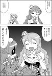  2girls breasts cleavage closed_eyes comic commentary_request hat kantai_collection long_hair mini_hat monochrome multiple_girls open_clothes open_mouth pola_(kantai_collection) translation_request wasu wavy_hair zara_(kantai_collection) 
