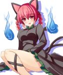  1girl :d animal_ears black_bow black_dress blush bow braid cat_ears cat_tail commentary_request dress fang hair_bow highres hitodama kaenbyou_rin liya long_sleeves looking_at_viewer nekomata open_mouth red_eyes redhead sitting smile solo tail touhou twin_braids 
