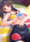  1girl amasora_taichi bike_shorts black_hair breasts chemise collarbone hand_on_own_stomach highres long_hair looking_at_viewer lying midriff on_back original red_eyes shirt_lift smile solo translated twister 