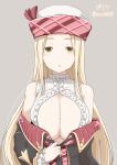  1girl bare_shoulders blonde_hair blush breasts brown_eyes cleavage diola_(granblue_fantasy) granblue_fantasy hat huge_breasts kichihachi long_hair looking_at_viewer open_mouth simple_background solo twitter_username undressing 
