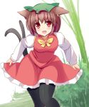  1girl :d animal_ears black_legwear blush bow bowtie brown_hair cat_ears cat_tail chen commentary_request cowboy_shot curtsey dress dress_lift fang hat jewelry leaning_forward liya long_sleeves looking_at_viewer mob_cap multiple_tails nekomata open_mouth pantyhose pillow_hat red_dress red_eyes single_earring smile solo tail touhou two_tails yellow_bow yellow_bowtie 