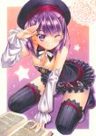  1girl ;) book detached_sleeves fate/grand_order fate_(series) hat helena_blavatsky_(fate/grand_order) looking_at_viewer marker_(medium) one_eye_closed open_book purple_hair salute short_hair smile solo thigh-highs traditional_media violet_eyes yuto_cafe 
