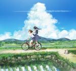 2girls :d animal back bag bayashiko bicycle bicycle_riding black_hair black_shoes blue_skirt blue_sky blush brown_hair cat clouds commentary_request condensation_trail day floating_hair from_side grass ground_vehicle hair_ornament hair_scrunchie hand_on_another&#039;s_shoulder long_hair mountain multiple_girls open_mouth original outdoors pleated_skirt ponytail reflection rice_paddy riding road rural scenery school_uniform scrunchie shadow shirt shoes short_hair short_sleeves shoulder_bag sitting skirt sky smile socks standing tree water waving_arm white_legwear white_shirt 