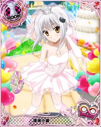  1girl balloon blush bouquet card_(medium) cat_hair_ornament character_name chess_piece dress flower gloves hair_ornament high_school_dxd high_school_dxd_infinity official_art rook_(chess) short_hair silver_hair smile solo standing toujou_koneko trading_card wedding_dress yellow_eyes 