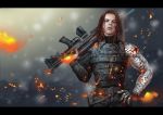  1boy absurdres aqie blue_eyes brown_hair captain_america_the_winter_soldier cyborg gun hand_on_hip highres james_buchanan_barnes letterboxed long_hair marvel mechanical_arm solo weapon winter_soldier 